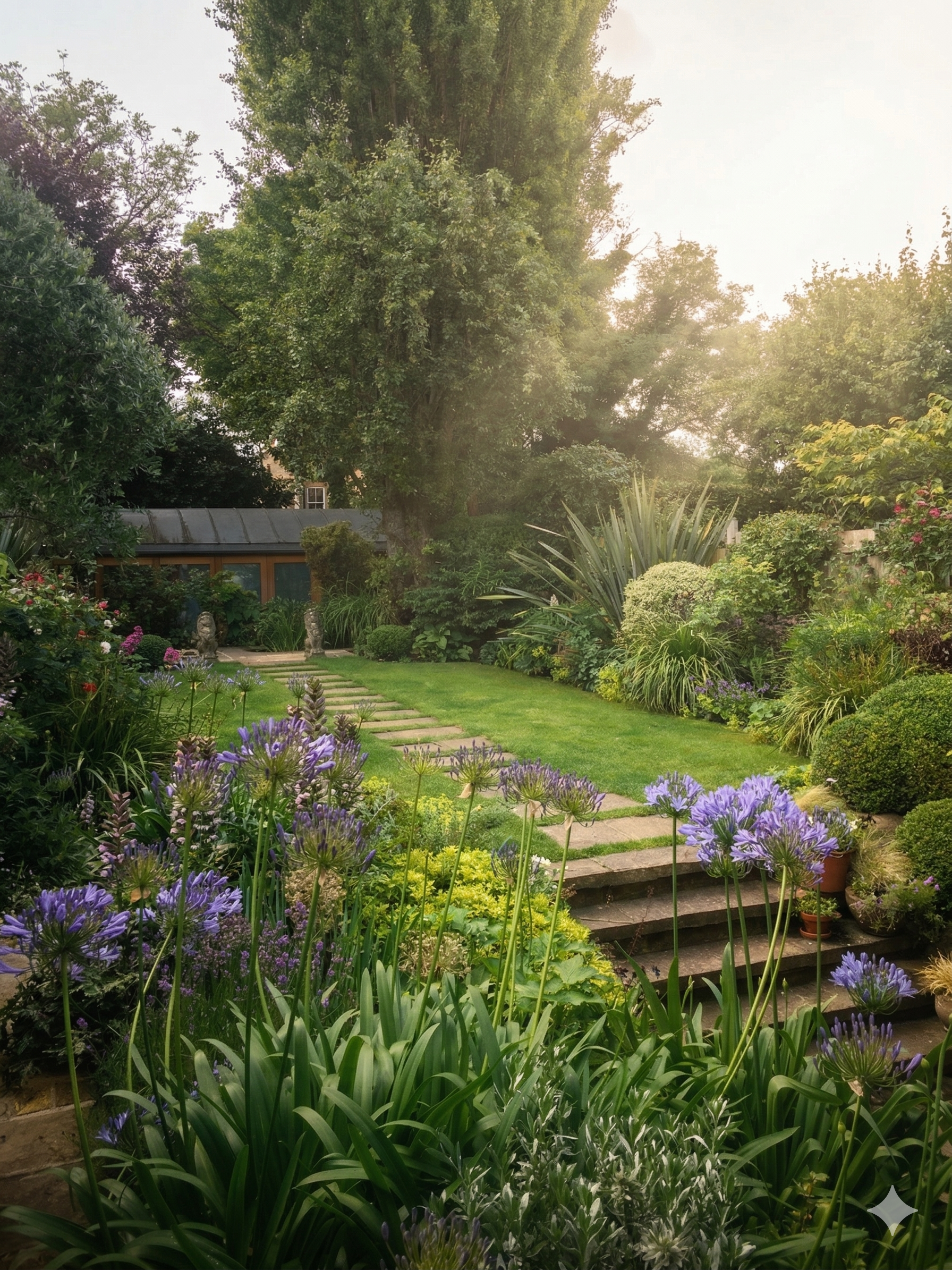 A successful private landscape by Holmes Gardens, showcasing structural stonework and artisanal build. This London garden features precision hardscaping, multi-level raised beds, and a seamless greenhouse extension, demonstrating our master builder expertise for period homes.